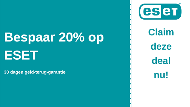 ESET-antiviruscoupon met 20% korting en 30 dagen geld-terug-garantie