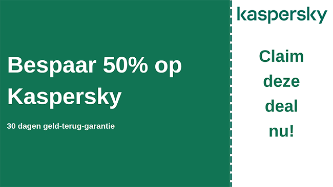 Kaspersky antivirus coupon met 50% korting en 30 dagen geld-terug-garantie