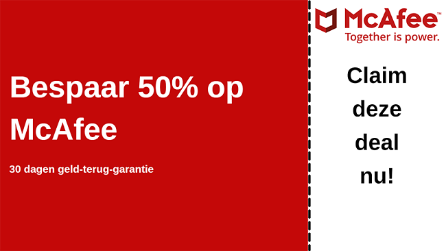 McAfee-antiviruscoupon tot 50% korting met een 30 dagen geld-terug-garantie