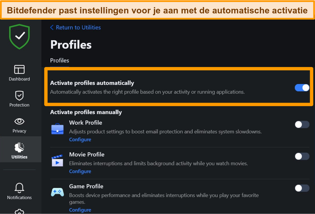 Schermafbeelding van de profielinstelling van Bitdefender met automatische activering gemarkeerd.