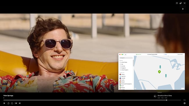 Screenshot of NordVPN connecting to a US server and unblocking the show Palm Springs on Hulu