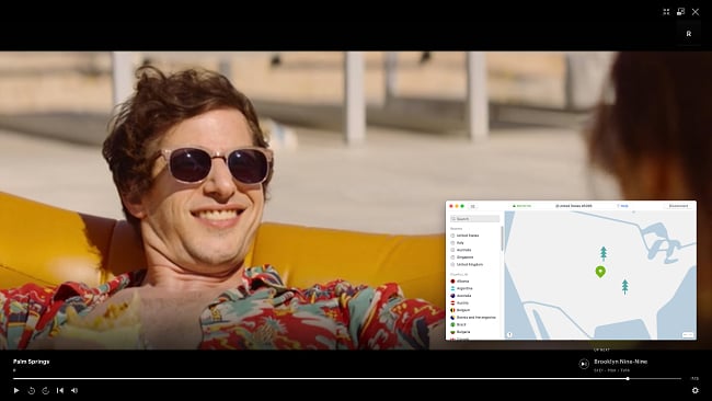 Capture d'écran de NordVPN se connectant à un serveur américain et débloquant l'émission Palm Springs sur Hulu