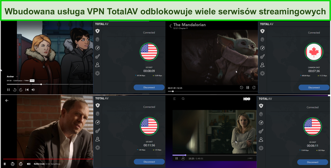 Zrzut ekranu przedstawiający Total AV VPN odblokowujący Hulu, Disney +, Netflix i HBO Max.