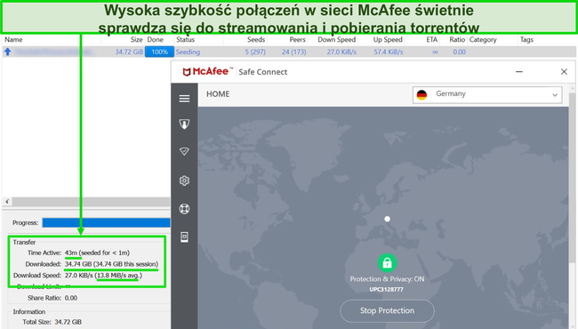 Zrzut ekranu programu McAfee VPN połączonego z niemieckim serwerem podczas pobierania pliku torrent o pojemności 35 GB.