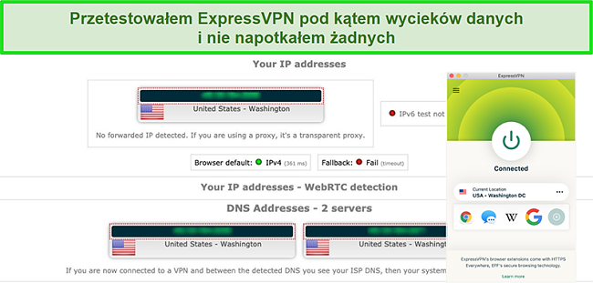 Zrzut ekranu przedstawiający, jak ExpressVPN pomyślnie przeszedł test szczelności IP, WebRTC i DNS podczas połączenia z serwerem w USA