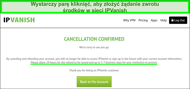 Zrzut ekranu przedstawiający użytkownika pomyślnie żądającego zwrotu pieniędzy od IPVanish za pośrednictwem czatu na żywo z 30-dniową gwarancją zwrotu pieniędzy