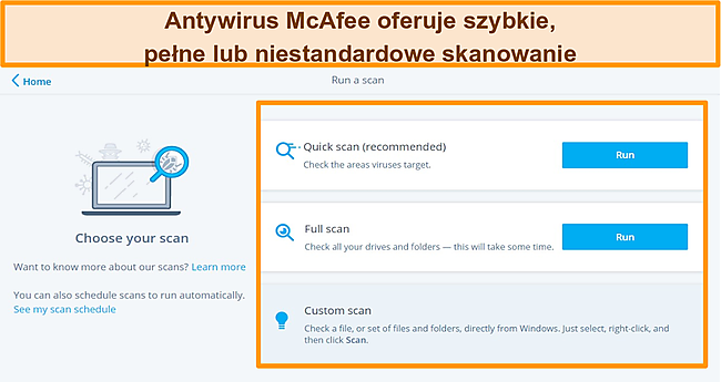 Zrzut ekranu aplikacji antywirusowej McAfee z szybkimi, pełnymi i niestandardowymi opcjami skanowania.