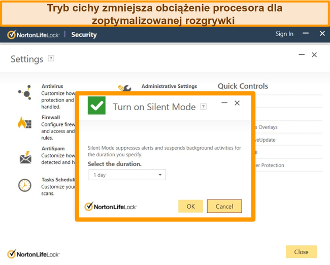 Zrzut ekranu przedstawiający włączany tryb cichy Norton.