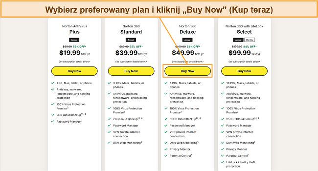 Zrzut ekranu pokazujący, jak wybrać jeden z planów Nortona