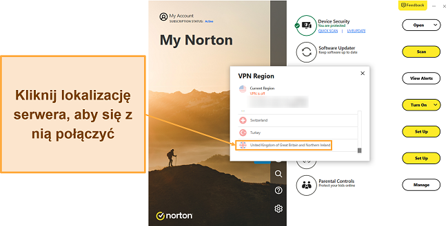 Zrzut ekranu pokazujący, jak połączyć się z jednym z serwerów VPN firmy Norton