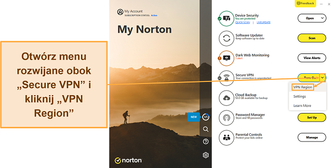 Zrzut ekranu pokazujący, jak uzyskać dostęp do listy serwerów VPN firmy Norton