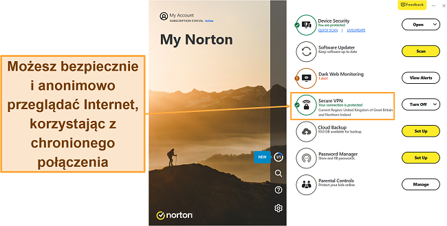 Zrzut ekranu przedstawiający pomyślne połączenie VPN firmy Norton