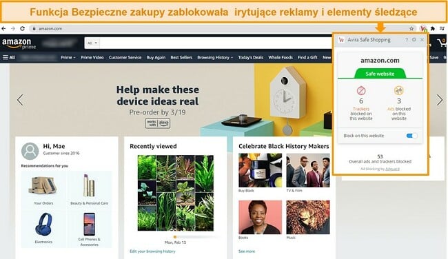 Zrzut ekranu rozszerzenia przeglądarki Avira Safe Shopping w Google Chrome.