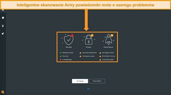 Zrzut ekranu strony wyników skanowania Avira Antivirus Smart Scan.