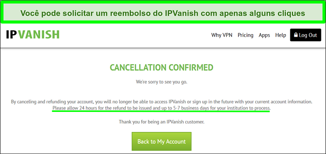 Captura de tela de um usuário solicitando com sucesso um reembolso do IPVanish pelo chat ao vivo com a garantia de reembolso de 30 dias