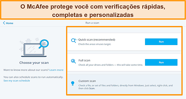 Captura de tela do aplicativo antivírus McAfee com opções de verificação rápida, completa e personalizada.