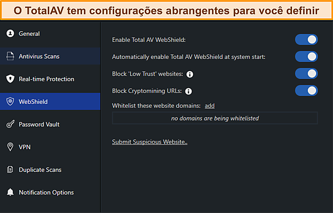 Captura de tela do manual de configurações do TotalAvs.