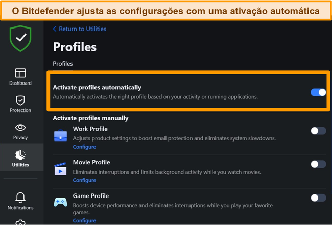 Captura de tela da configuração de Perfis do Bitdefender com ativação automática destacada.