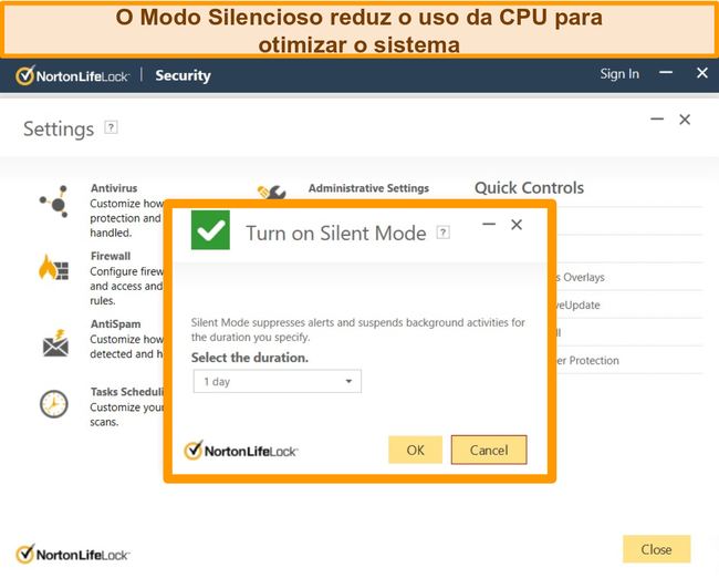 Captura de tela do Modo silencioso do Norton sendo ativado.