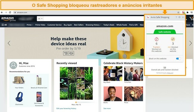 Captura de tela da extensão do navegador Safe Shopping da Avira no Google Chrome.