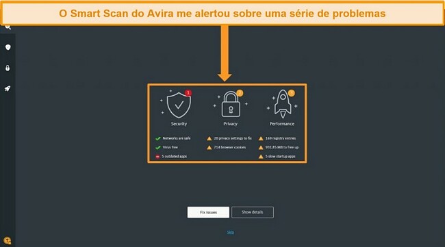 Captura de tela da página de resultados do Avira Antivirus Smart Scan.