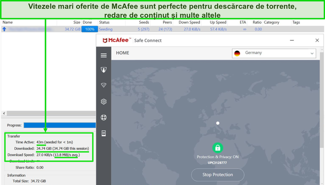Captură de ecran a McAfee VPN conectat la un server german în timp ce descărcați un fișier torrent de 35 GB.