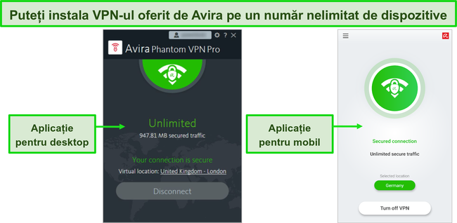 Captură de ecran a aplicațiilor desktop și mobile Avira Phantom VPN.