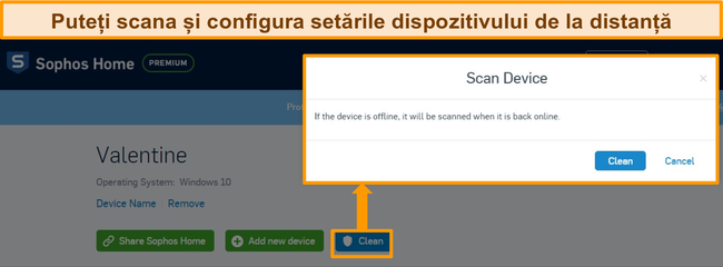 Captură de ecran a tabloului de bord antivirus Sophos cu scanare la distanță evidențiată