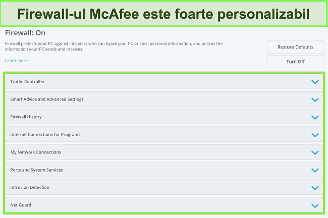 Captură de ecran a firewall-ului McAfee.