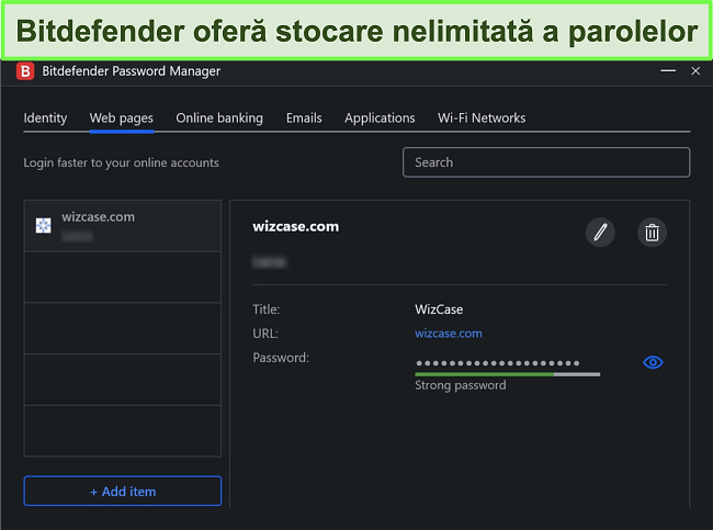 Captură de ecran a managerului de parole Bitdefender.