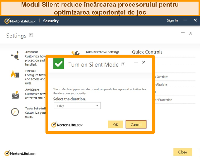 Captură de ecran a modului silențios al Norton activat.