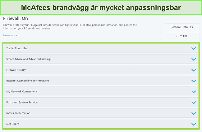 Skärmdump av McAfees brandvägg.