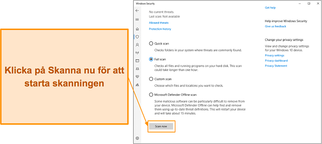 Skärmdump som visar hur man startar en skanning med Microsoft Defender