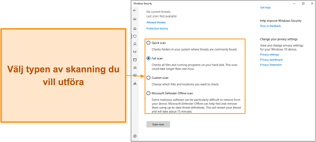 Skärmdump av Microsoft Defenders olika tillgängliga skanningstyper