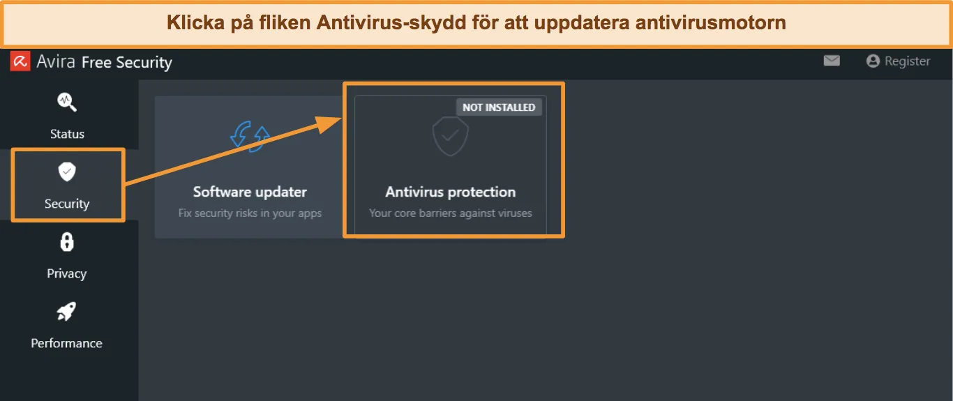 Antivirusskydd-fliken för att uppdatera