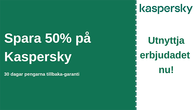 Kaspersky-antiviruskupong med 50% rabatt och 30-dagars pengarna-tillbaka-garanti