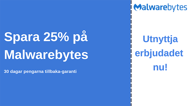 Malwarebytes antiviruskupong med 25% rabatt och 30-dagars pengarna-tillbaka-garanti