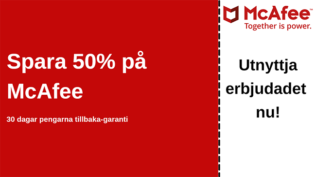 McAfee-antiviruskupong för upp till 50% rabatt med 30-dagars pengarna-tillbaka-garanti