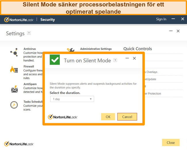 Skärmdump av Nortons tysta läge aktiveras.