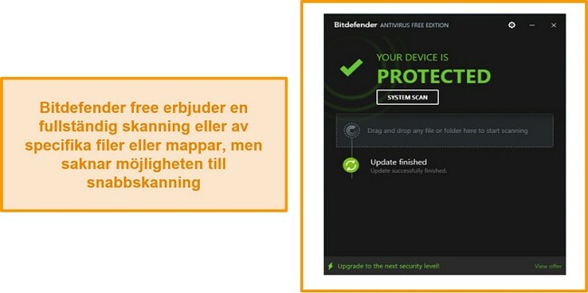 Skärmdump av Bitdefender gratis antivirus-instrumentpanel.