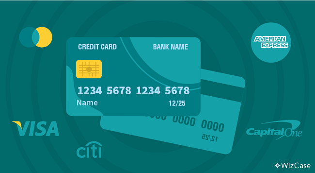 graphic of credit cards with American Express, Visa, MasterCard, Capital One, and Citibank logos around them.