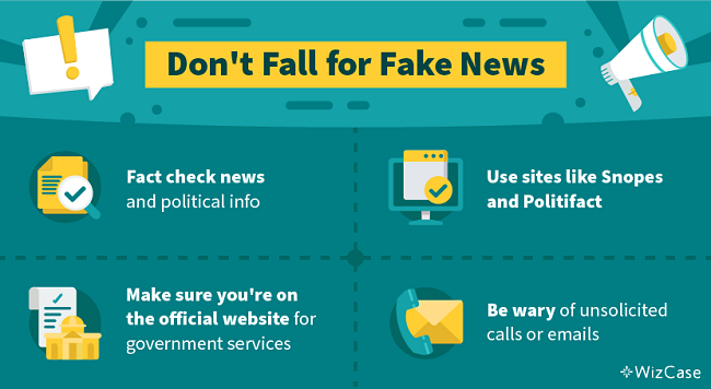 Don't Fall for Fake News: Fact check news and political info, Use sites like Snopes and Politifact, Make sure you're on the official website for government services, Be wary of unsolicited calls or emails