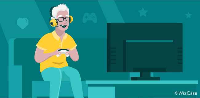 graphic showing a man with grey hair playing video games and smiling.