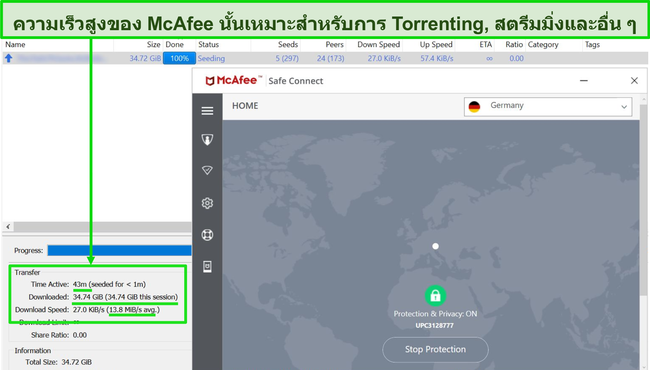 ภาพหน้าจอของ McAfee VPN ที่เชื่อมต่อกับเซิร์ฟเวอร์เยอรมันขณะดาวน์โหลดไฟล์ torrent 35GB