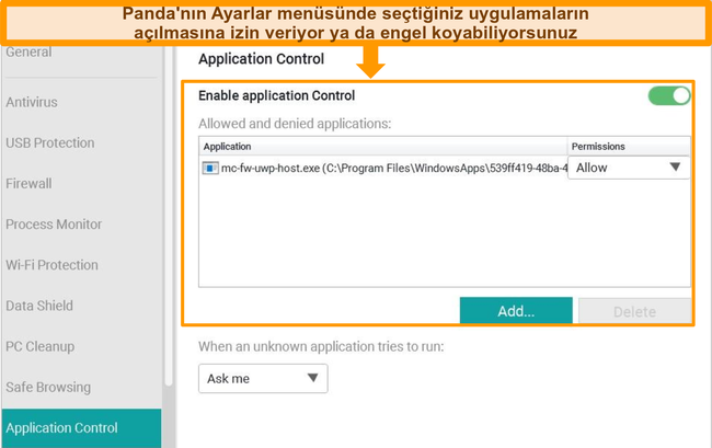 Panda'nın Uygulama Kontrolü yapılandırma menüsünün ekran görüntüsü.