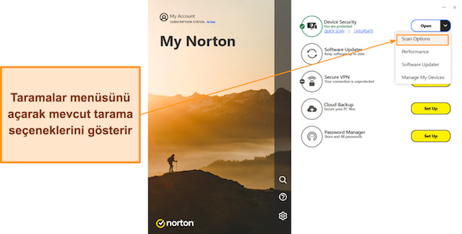 Norton'un taramalar menüsünün nasıl açılacağını gösteren ekran görüntüsü