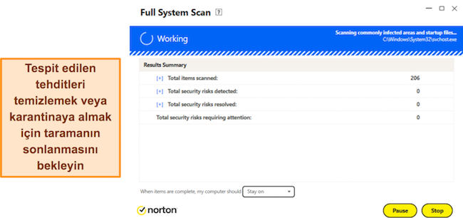 Norton'un Tam Sistem Taraması'nın devam ettiğini gösteren ekran görüntüsü