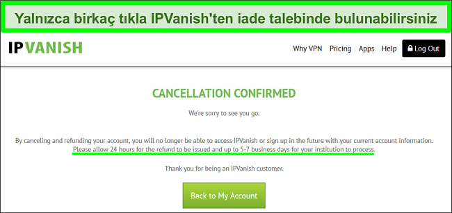 30 günlük para iade garantisiyle canlı sohbet üzerinden IPVanish'ten başarılı bir şekilde geri ödeme talebinde bulunan bir kullanıcının ekran görüntüsü