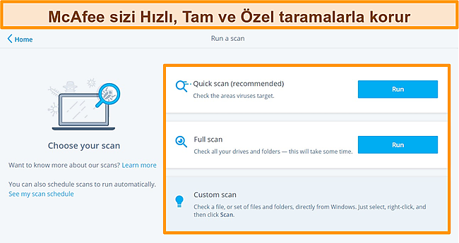 Hızlı, tam ve özel tarama seçenekleriyle McAfee antivirüs uygulamasının ekran görüntüsü.