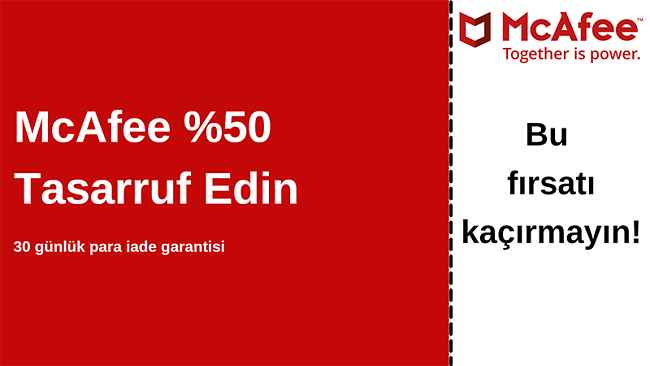 30 günlük para iade garantisi ile% 50'ye varan indirim için McAfee antivirüs kuponu